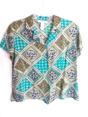 Cute Vintage Sag Harbor Short Sleeve Shirt Rayon Summer Green Blue Size 8 Petite